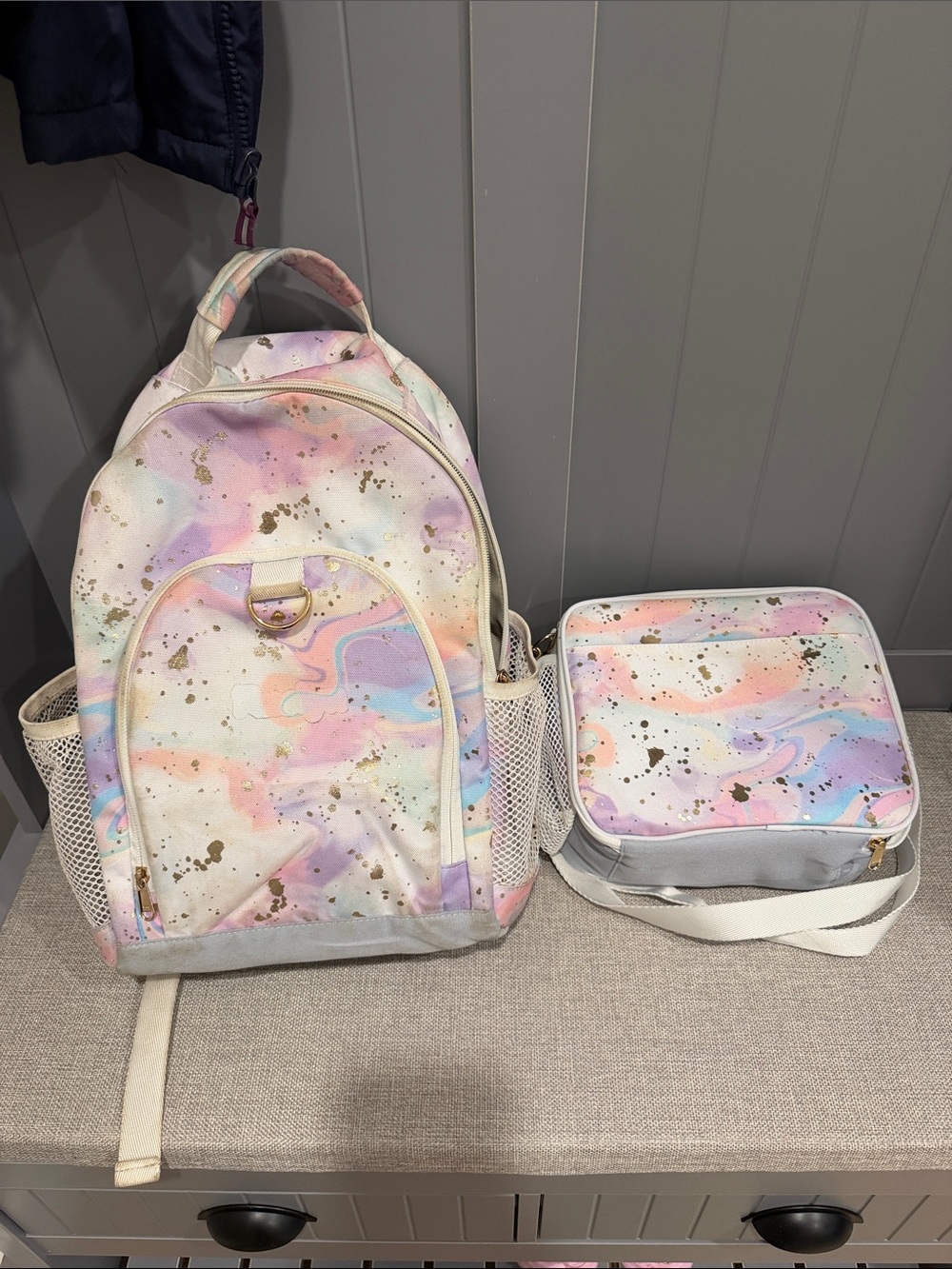 Pottery Barn Teen Pastel Marble Backpack and Lunch Bag with Gold Splatter